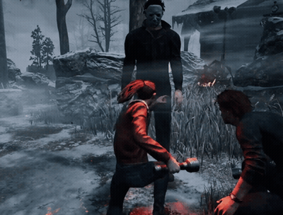 A Man In A Mask Stands Next To A Woman In A Red Jacket Holding A Hammer GIF