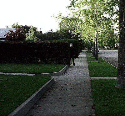 A Man In A Mask Walks Down A Sidewalk In A Neighborhood GIF
