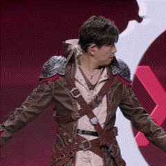 A Man In A Medieval Costume Is Standing With His Arms Outstretched In Front Of A Red Background . GIF