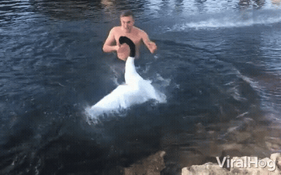 A Man In A Mermaid Costume Is Jumping Into A River GIF