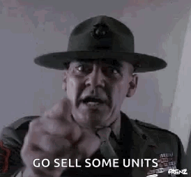 A Man In A Military Uniform And Hat Is Pointing At The Camera . GIF
