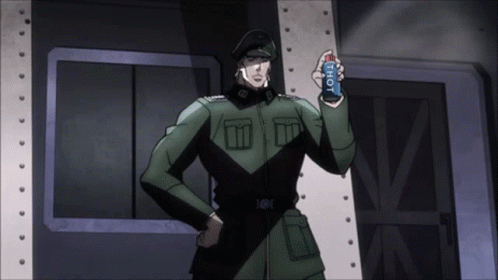 A Man In A Military Uniform Holds A Can Of Thot Energy Drink GIF