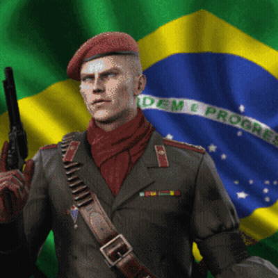 A Man In A Military Uniform Holds A Gun In Front Of A Brazilian Flag That Says Idem E Progress GIF