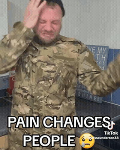 A Man In A Military Uniform Is Crying And Says Pain Changes People On The Bottom GIF
