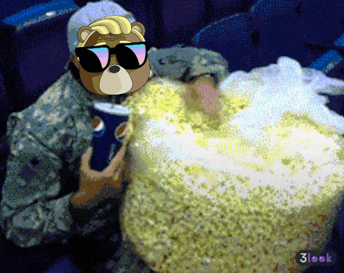 A Man In A Military Uniform Is Holding A Cup Of Pepsi And Eating A Large Amount Of Popcorn GIF