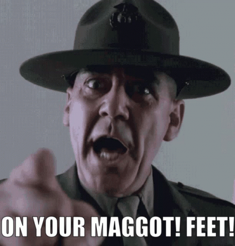 A Man In A Military Uniform Is Pointing With The Words On Your Maggot Feet Written Below Him GIF