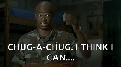 A Man In A Military Uniform Is Sitting In A Chair And Saying Chug-A-Chug . I Think I Can GIF