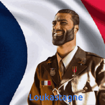 A Man In A Military Uniform Is Smiling In Front Of A French Flag And The Name Loukastagne Is Visible GIF