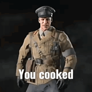 A Man In A Military Uniform Is Standing In Front Of A Black Background With The Words `` You Cooked '' . GIF