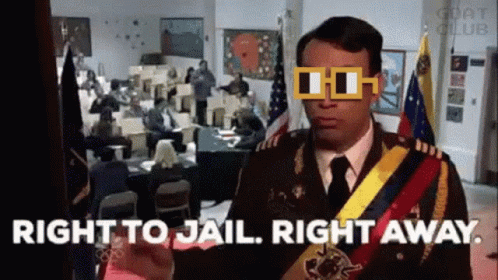 A Man In A Military Uniform Is Standing In Front Of A Crowd Of People And Says `` Right To Jail Right Away '' . GIF