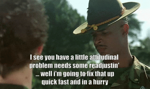 A Man In A Military Uniform Is Talking To Another Man In A Hat GIF