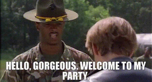 A Man In A Military Uniform Is Talking To Another Man With The Words Hello Gorgeous Welcome To My Party . GIF