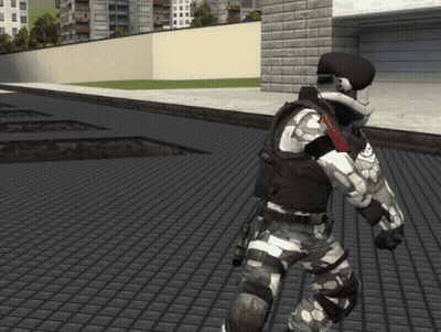 A Man In A Military Uniform Is Walking On A Tiled Floor In Front Of A Building GIF