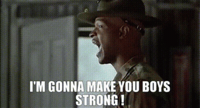 a man in a military uniform is yelling and saying `` i 'm gonna make you boys strong '' .