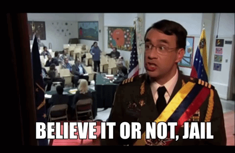 A Man In A Military Uniform Says " Believe It Or Not Jail " In Front Of A Crowd GIF