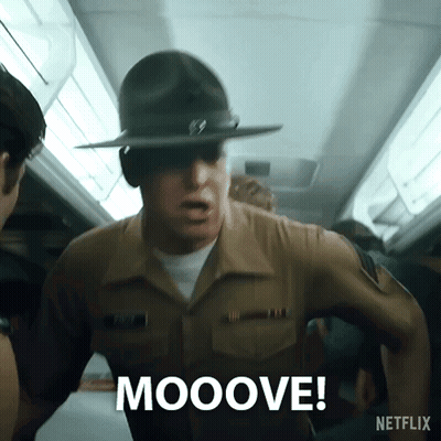 A Man In A Military Uniform Says Mooove On Netflix GIF