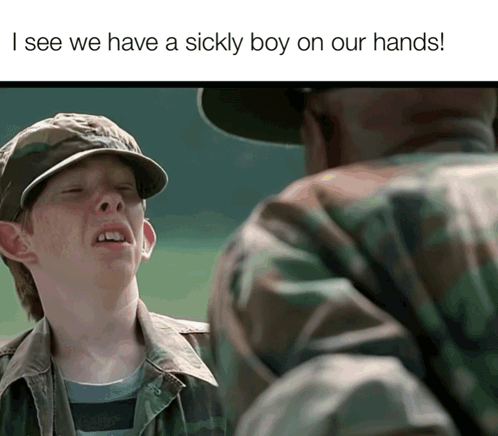 A Man In A Military Uniform Talks To A Young Boy With The Caption I See We Have A Sickly Boy GIF