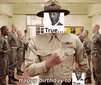 A Man In A Military Uniform With A Picture Of A Man In A Hat On His Face . GIF