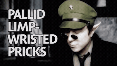 A Man In A Military Uniform With The Words Pallid Limp Wristed Pricks Written Above Him GIF