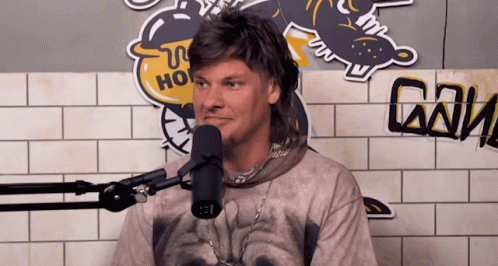 A Man In A Mullet Stands In Front Of A Microphone In Front Of A Sticker That Says Ho GIF