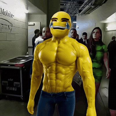 A Man In A Muscle Suit Is Standing In A Hallway With A Mobile Sign On The Wall Behind Him GIF