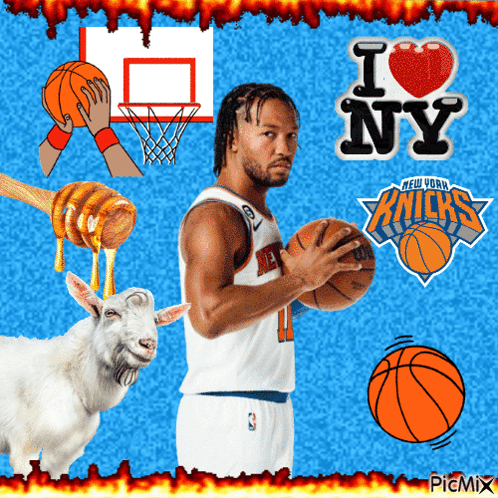 A Man In A New York Knicks Jersey Holds A Basketball In His Hand GIF