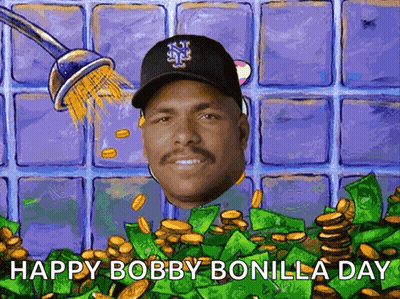 A Man In A New York Mets Hat Is Showered With Gold Coins And Says Happy Bobby Bonilla Day GIF
