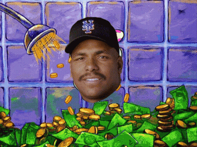 A Man In A New York Mets Hat Is Surrounded By Coins And Bills GIF