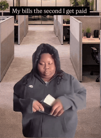 A Man In A Nike Hoodie Is Taking Money Out Of His Wallet With The Caption " My Bills The Second I Get Paid " GIF