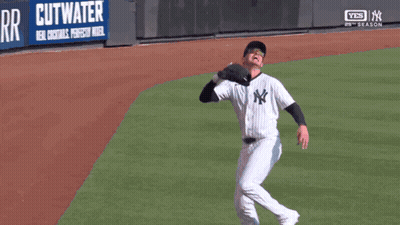 A Man In A Ny Yankees Uniform Is Catching A Baseball GIF