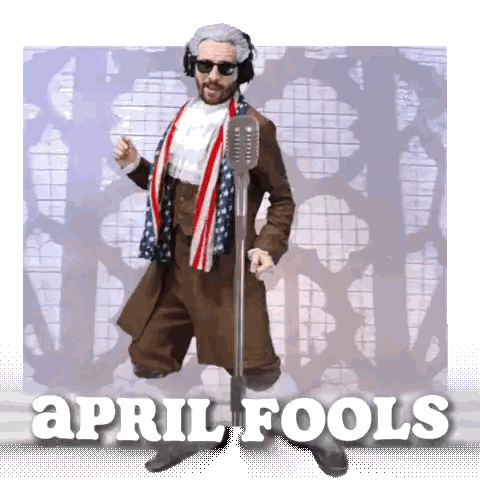 A Man In A Patriotic Costume Stands In Front Of A Microphone With The Words April Fools Above Him Sticker