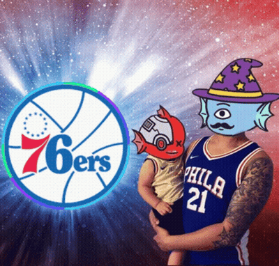 A Man In A Philadelphia Jersey Is Holding A Baby GIF