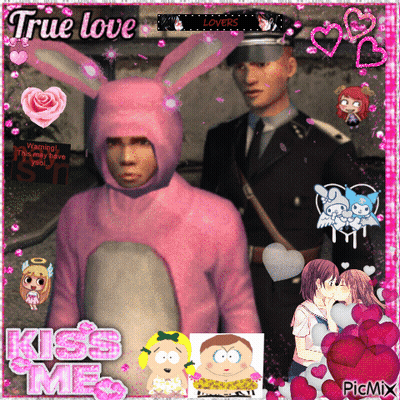 A Man In A Pink Bunny Suit Stands Next To A Man In A Black Uniform GIF