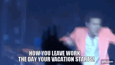 A Man In A Pink Jacket Is Dancing On A Stage And Says `` How You Leave Work The Day Your Vacation Starts '' . GIF