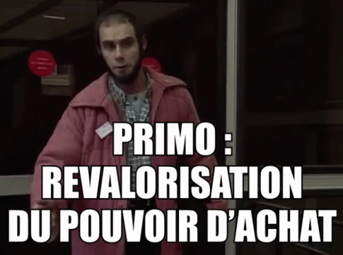 A Man In A Pink Jacket With The Words Primo Revalorisation Du Pouvoir D' Achat GIF