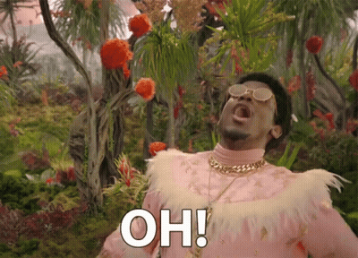 A Man In A Pink Outfit Is Screaming With The Words Oh Written On The Bottom GIF
