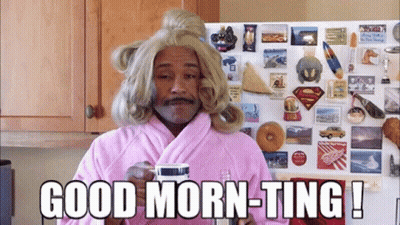 A Man In A Pink Robe Is Holding A Cup Of Coffee And Says Good Morn-Ting ! GIF