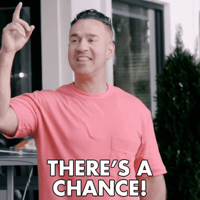 A Man In A Pink Shirt Is Pointing Up And Saying There 'S A Chance GIF