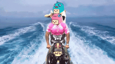 A Man In A Pink Shirt Is Riding A Jet Ski With A Cartoon Face On His Head GIF