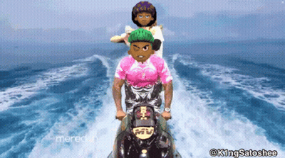 A Man In A Pink Shirt Is Riding A Jet Ski With Two Other Men GIF