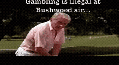 A Man In A Pink Shirt Is Sitting On A Bench In A Park With The Words Gambling Is Illegal At Bushwood Sir .. GIF