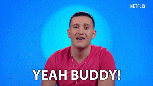 A Man In A Pink Shirt Says Yeah Buddy In Front Of A Blue Background GIF