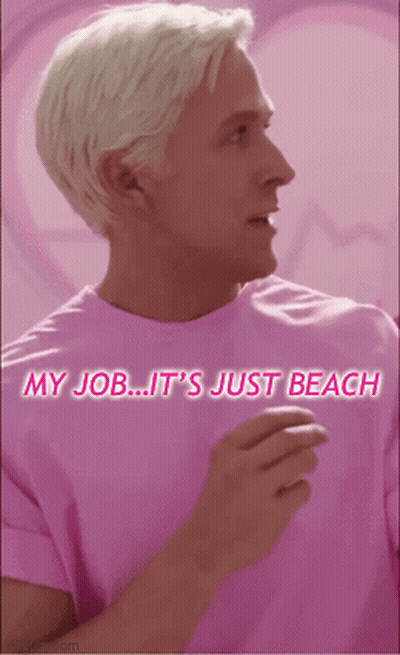 A Man In A Pink Shirt With The Words My Job It 'S Just Beach On It GIF