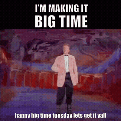A Man In A Pink Suit And Bow Tie Is Dancing On A Stage With The Words I 'M Making It Big Time GIF
