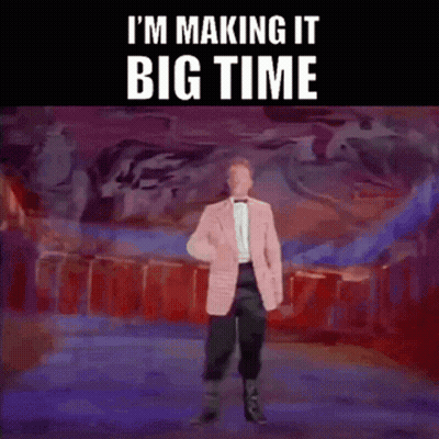 A Man In A Pink Suit And Bow Tie Is Dancing With The Words I 'M Making It Big Time Below Him GIF