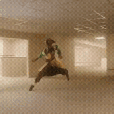 A Man In A Pirate Costume Is Dancing In A Room With Lots Of Furniture . GIF