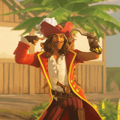 A Man In A Pirate Costume Is Holding A Hook Over His Head GIF