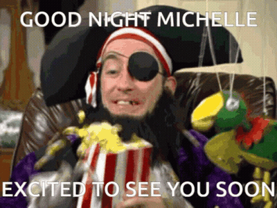 A Man In A Pirate Costume Is Holding A Popcorn Bucket And Says Good Night Michelle Excited To See You Soon GIF