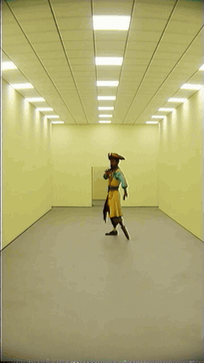 A Man In A Pirate Costume Is Standing In A Large Room GIF