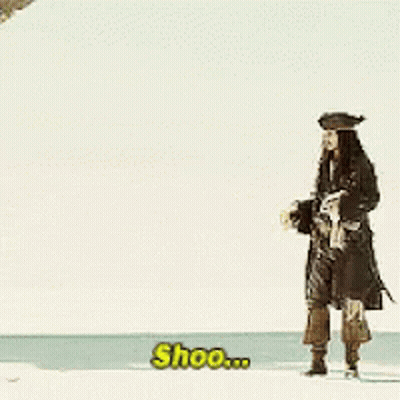 A Man In A Pirate Costume Is Standing On A Beach And Says Shoo ... GIF